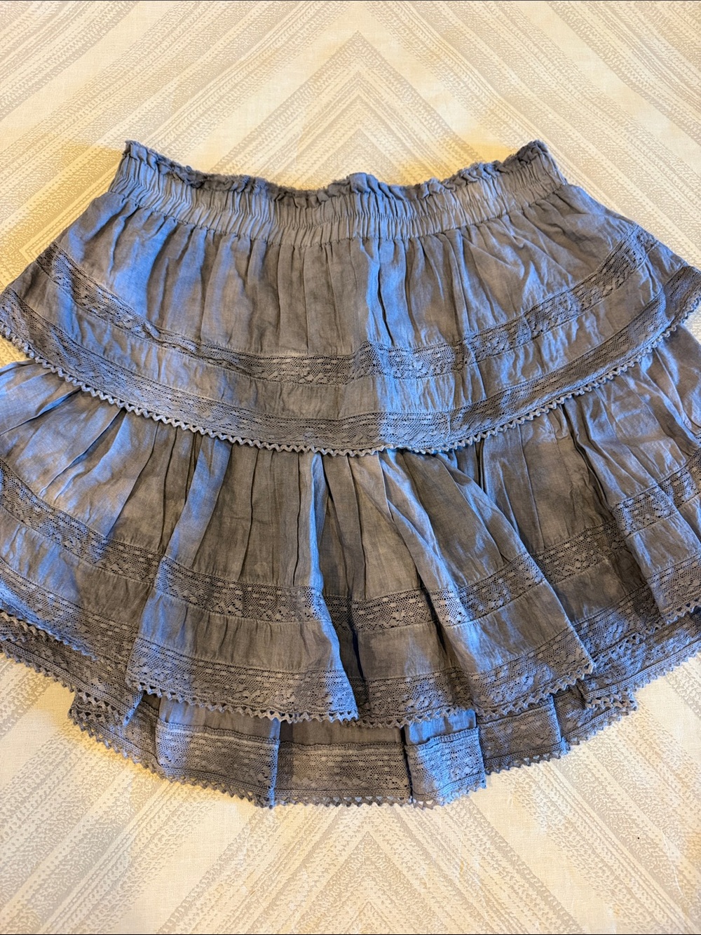 LoveShackFancy Women’s Medium Washed Purple Gray Tiered Lace Mini Skirt